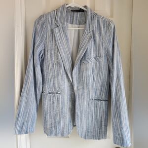 Cynthia Rowley‎ Blue Striped Linen Blend Open Front Blazer Jacket Size Medium